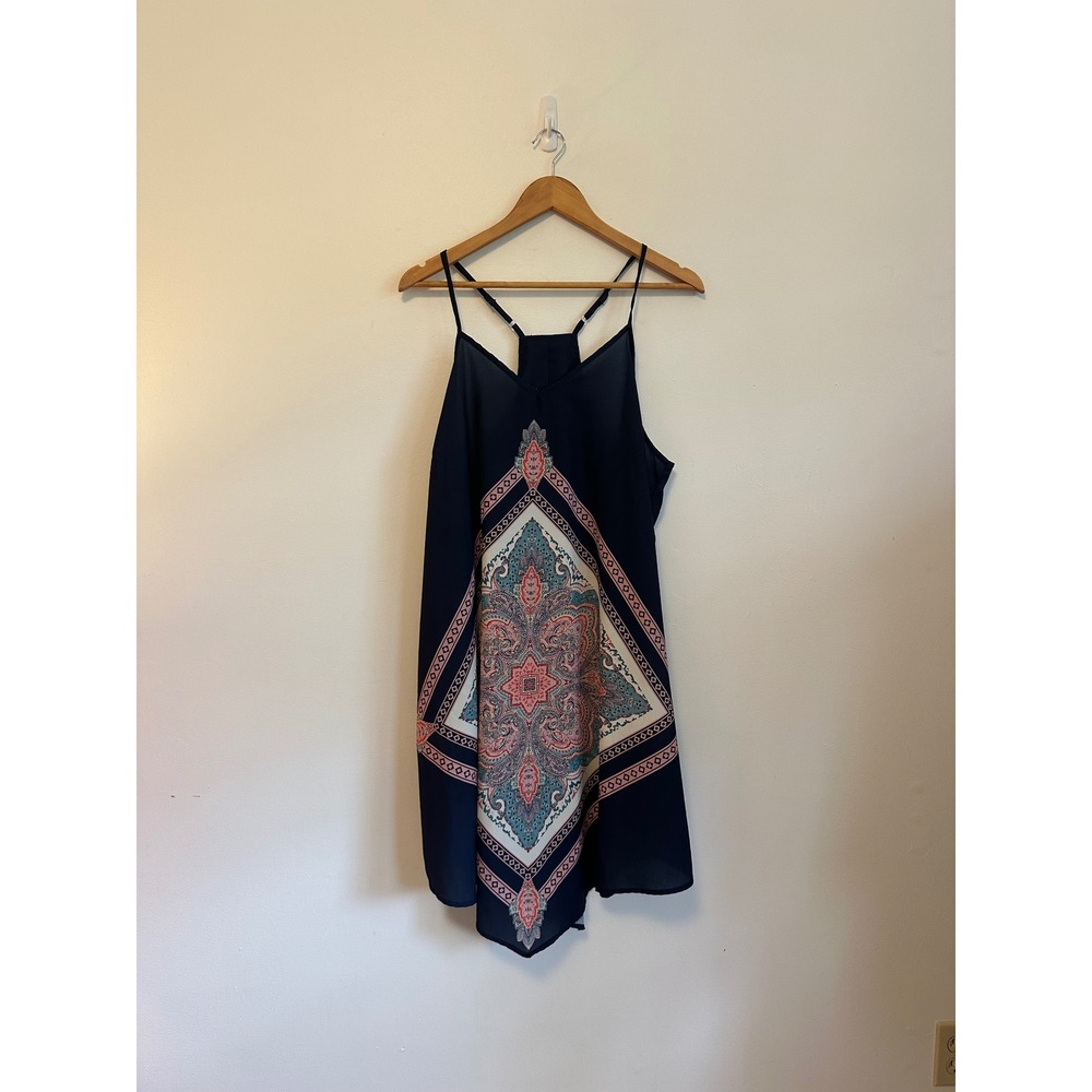 New York & Company Navy Paisley Medallion Racerback Handkerchief Dress | Size XL